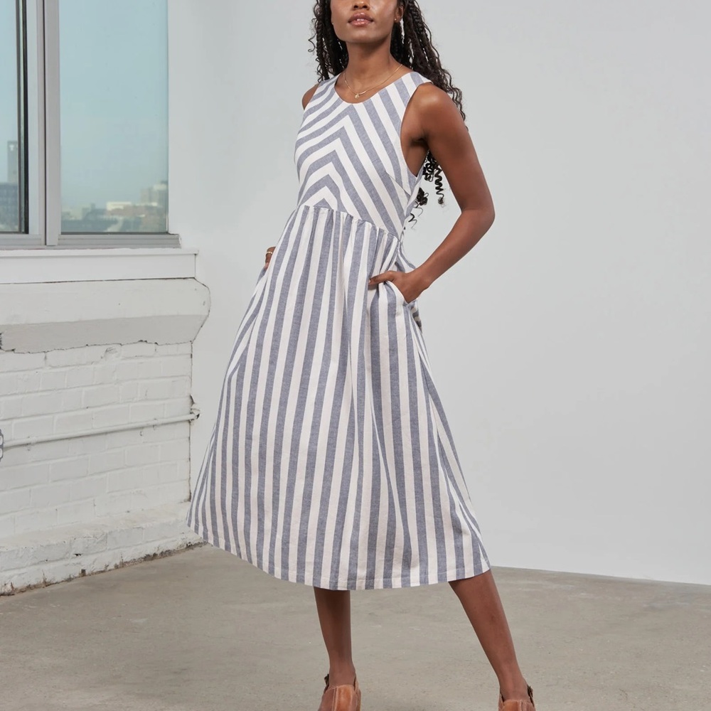 United By Blue Chevron Striped SoftHemp™ Chambray Midi Dress